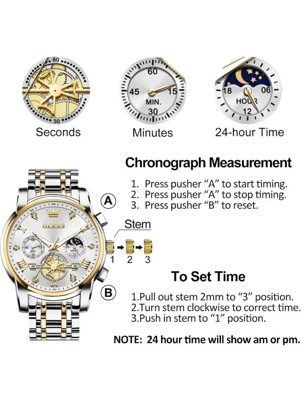 Men's White / Two-tone Stainless Steel Chronograph Waterproof Quartz Dress Watch